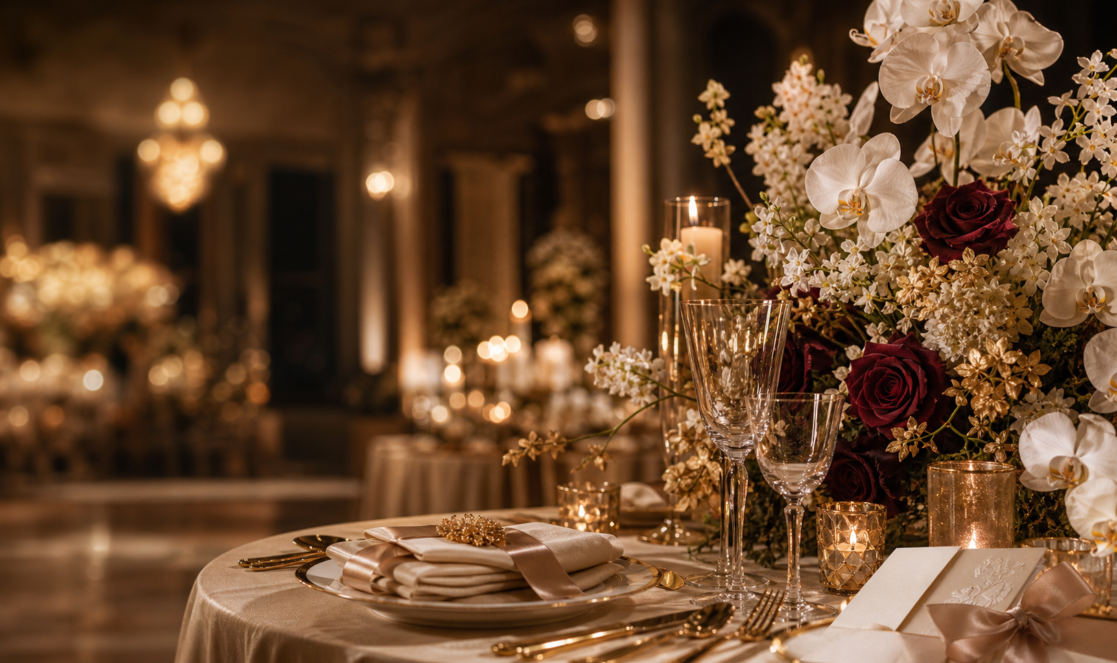 Luxury wedding table with ivory flowers, burgundy roses, gold details, and candlelight